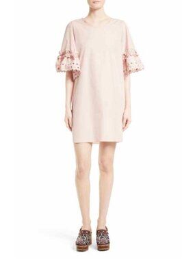 SEE BY CHLOE NWT $395 Eyelet sleeve Solid Pink Shift Dress in SkyBlush Size 42